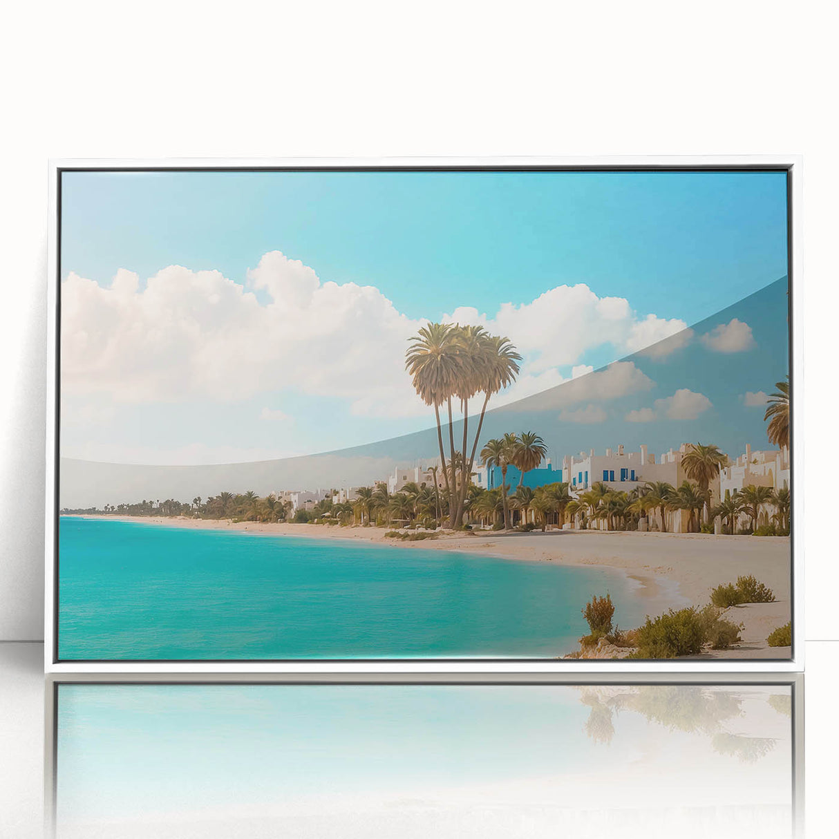 Mid-century modernist art of a Tunisian landscape in muted earth tones on a framed acrylic, ideal for nursery wall decor.