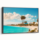 Black and white vintage poster art of a Tunisian landscape on framed canvas, suitable for bedroom decor.
