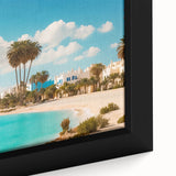 Extra large black wall art featuring a textured, colorful Tunisian landscape on framed canvas, ideal for living room decor.