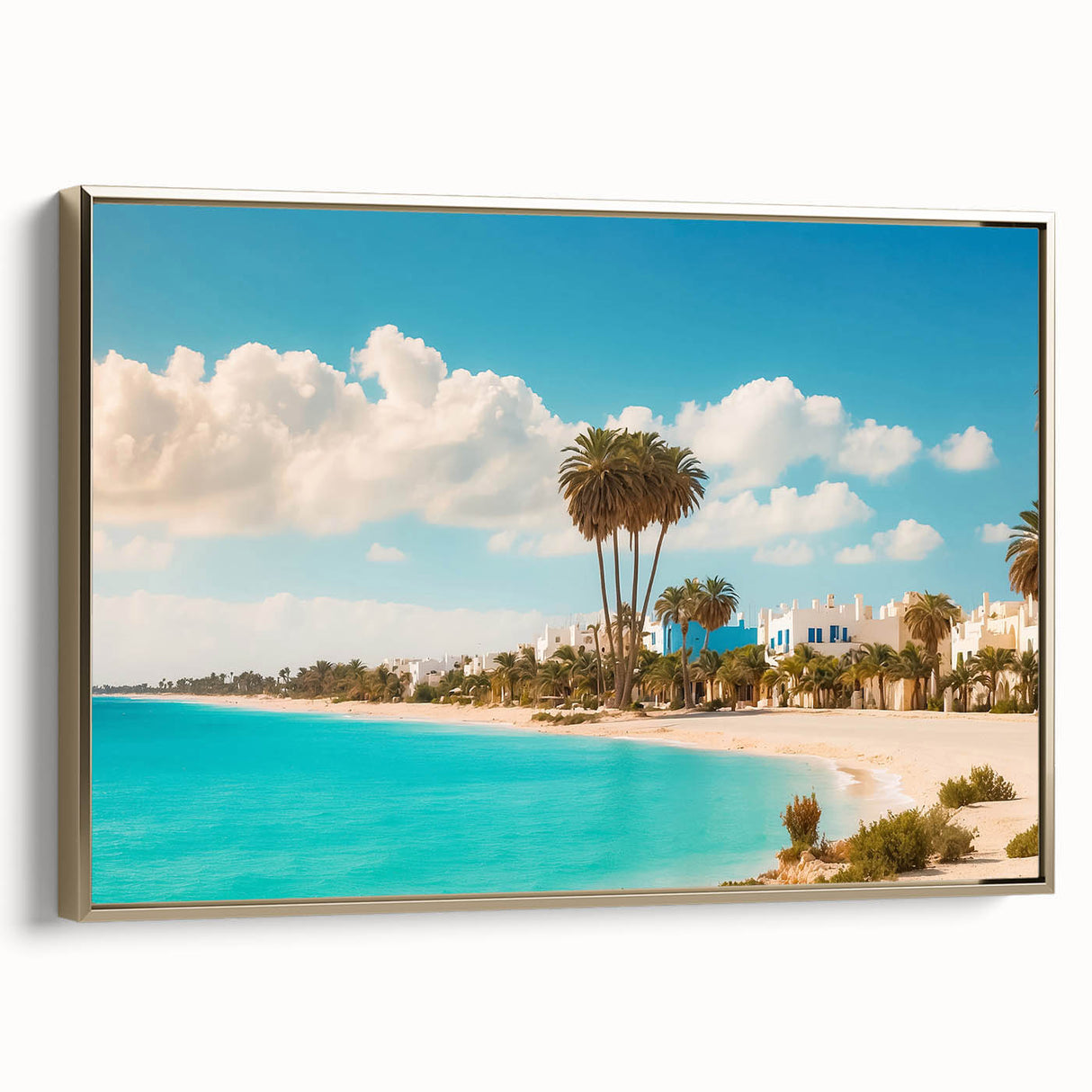 Framed canvas depicting a vintage-style Tunisian landscape in muted gold and black tones, ideal for bedroom wall art.