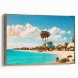 Framed canvas depicting a vintage-style Tunisian landscape in muted gold and black tones, ideal for bedroom wall art.