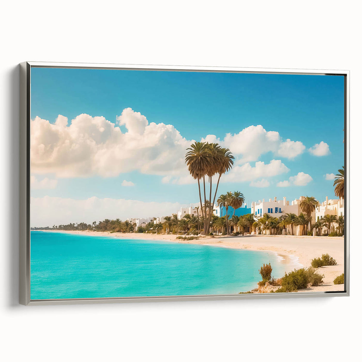 Framed canvas depicting a colorful Tunisian landscape in vintage poster style, ideal for enhancing black wall art.