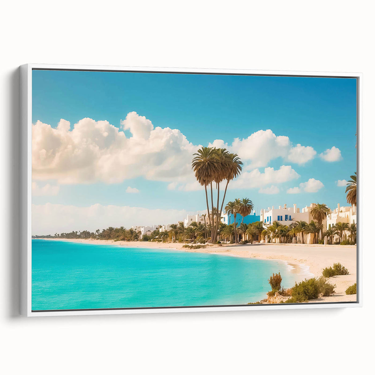 Vintage poster art of a Tunisian landscape on a framed canvas, featuring vibrant colors against a black background.