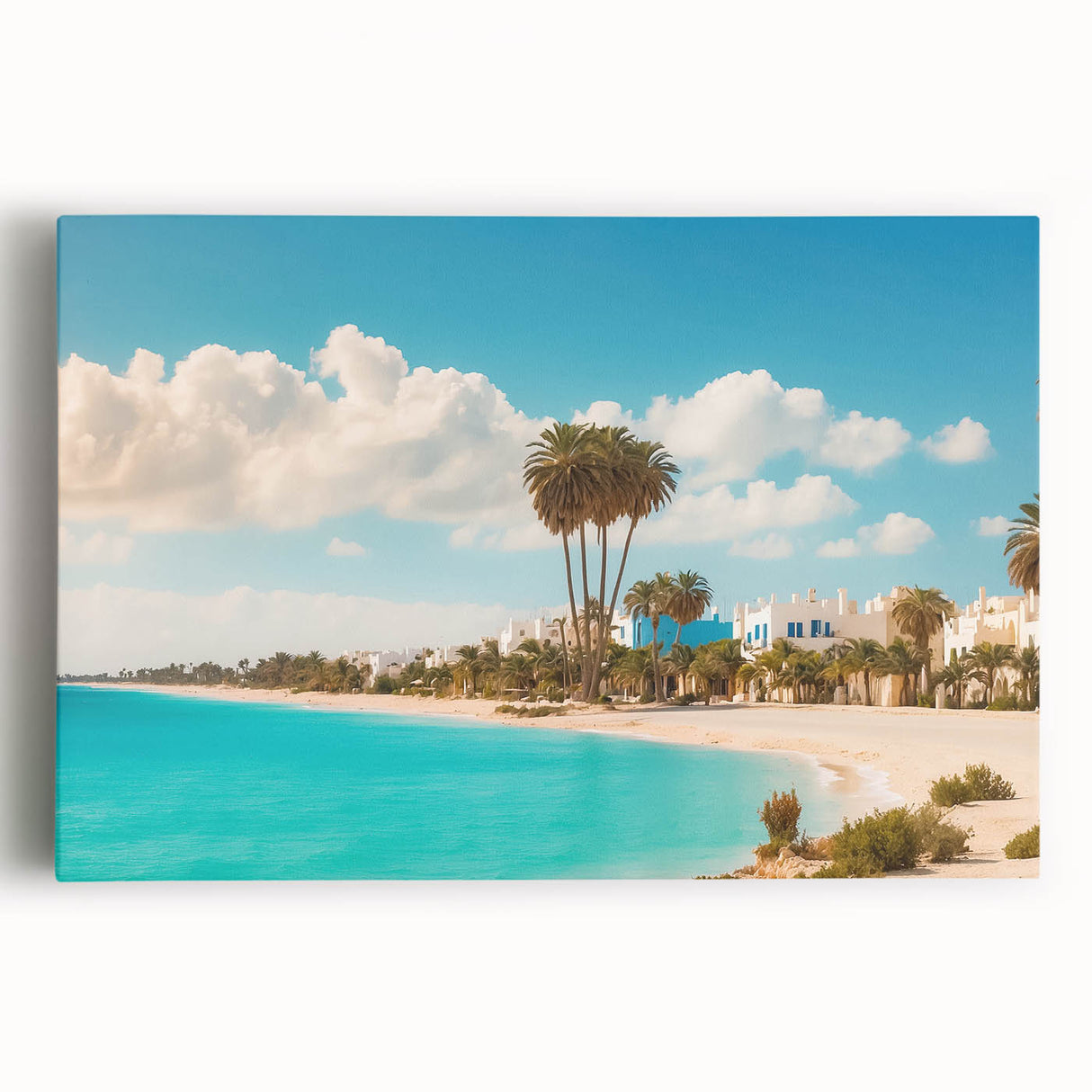 Black and white stretched canvas of a Tunisian landscape, ideal for kitchen wall art.