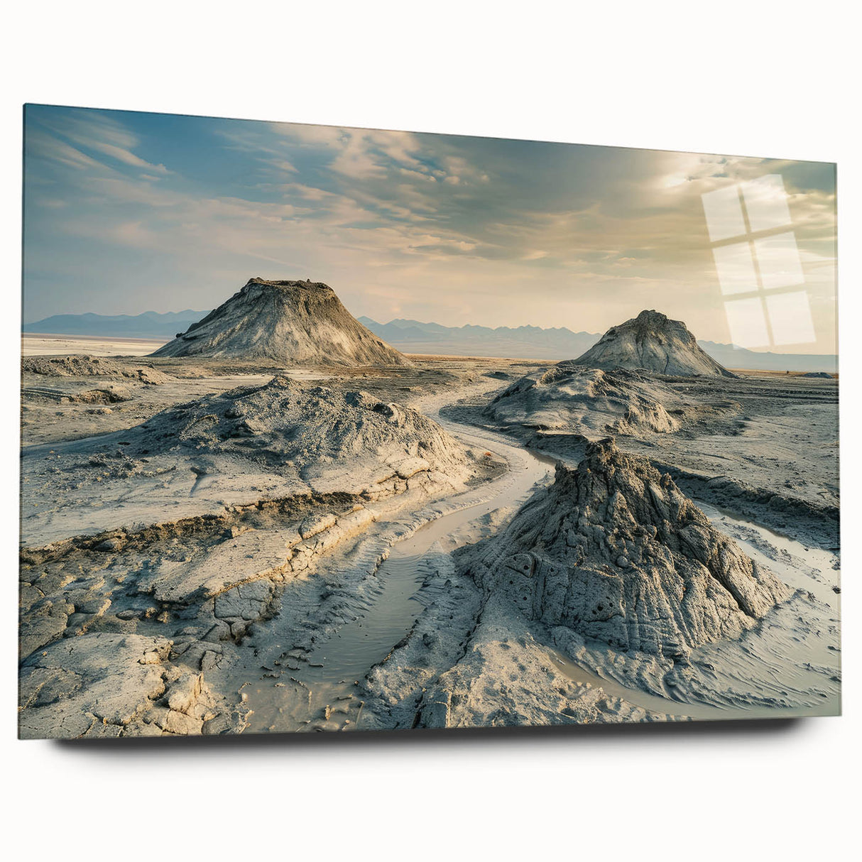 Large abstract wall art on acrylic glass depicting a serene Azerbaijan landscape, ideal for bedroom or dining room decor.