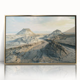 Framed acrylic print of a mid-century modernist Asian landscape in gold and green tones, suitable for modern art wall decor.