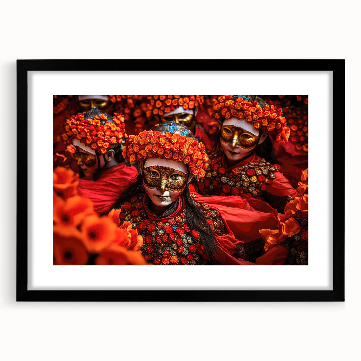 Extra large abstract art print featuring textured, colorful imagery of Bhutan scenery on a black framed canvas.