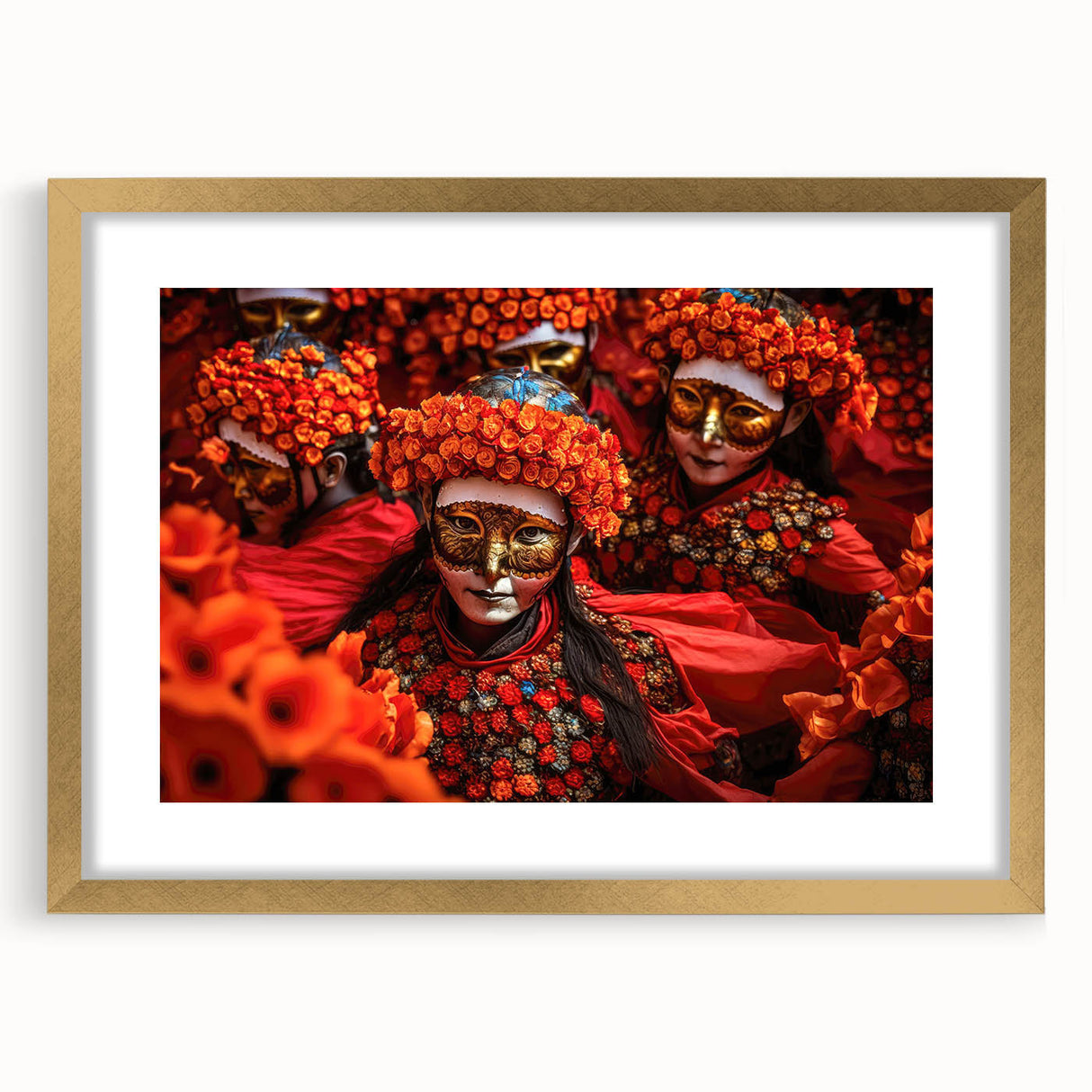 Extra large abstract art print featuring a textured scenery of Bhutan in a gold frame, ideal for living room decor.