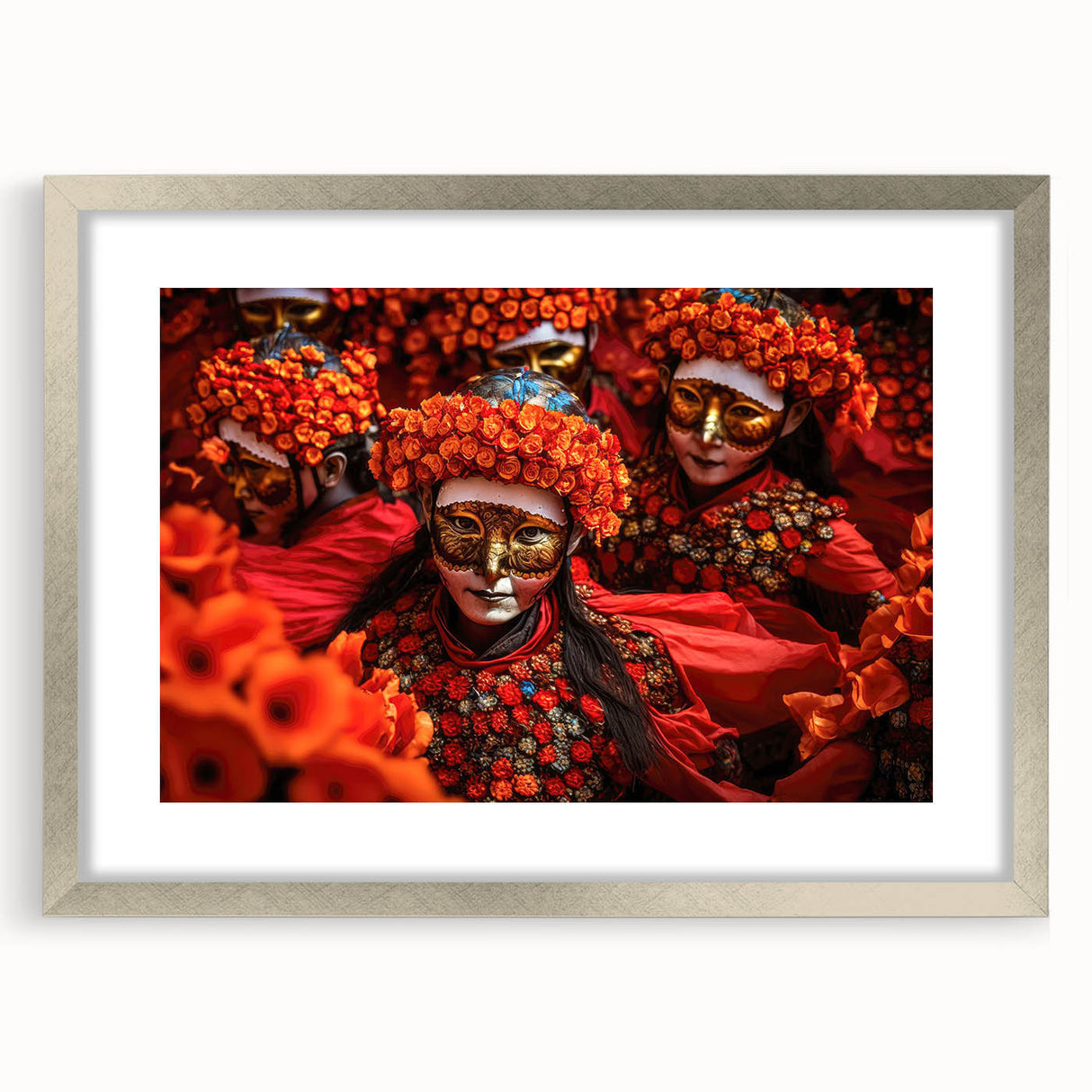 Textured art print depicting abstract scenery of Bhutan in muted earth tones, framed in silver, ideal for bedroom art.