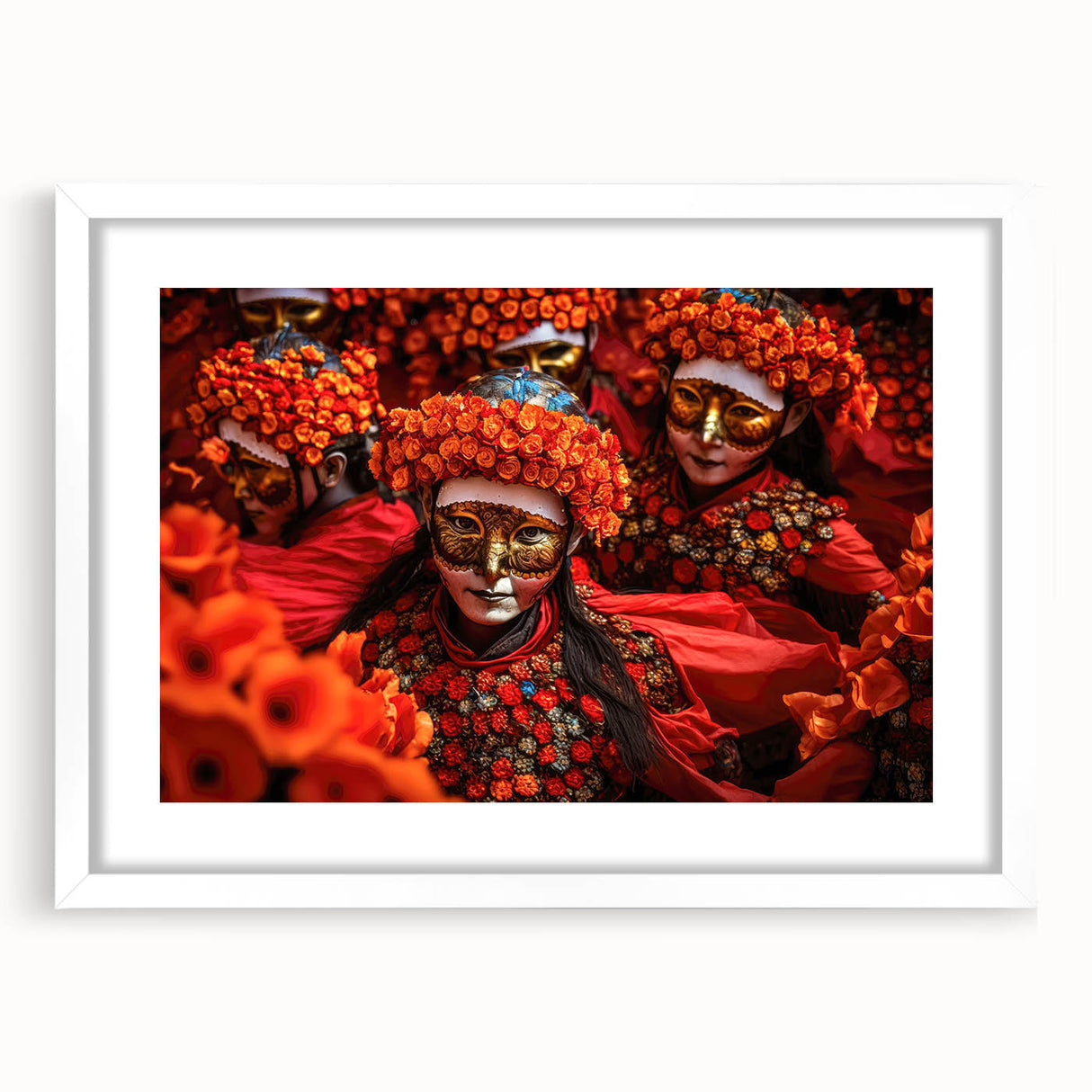 Abstract art print depicting a serene Bhutanese landscape in muted earth tones, framed with a white mat.