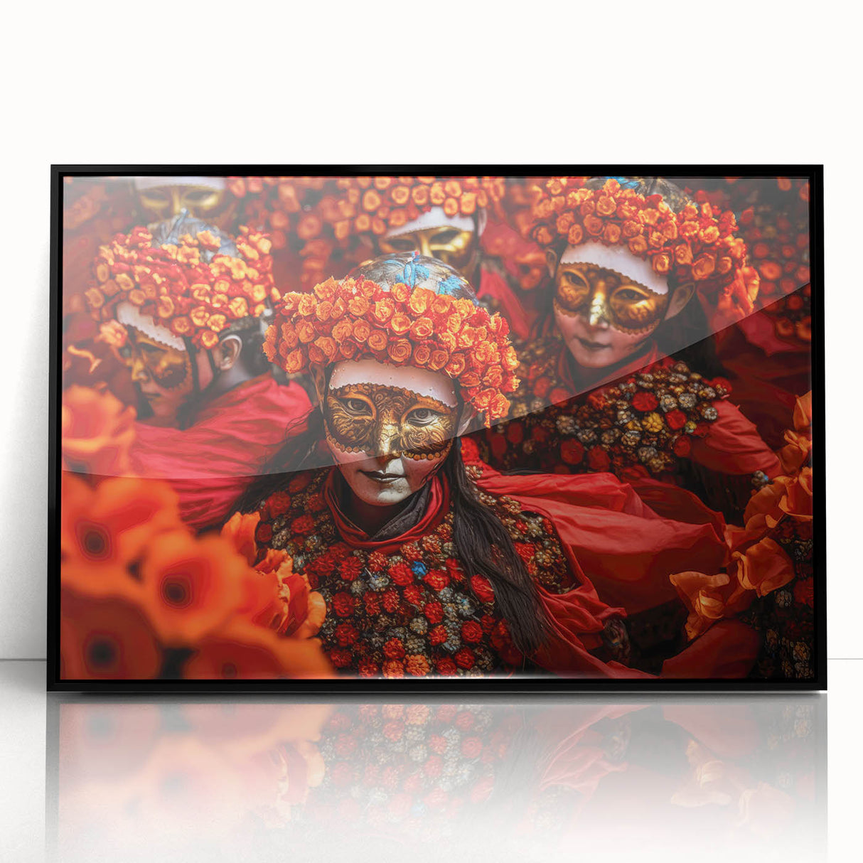 Large abstract wall art featuring a serene Bhutanese landscape in muted earth tones, framed in black acrylic.