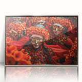Mid-century modernist art depicting a serene Bhutanese landscape in muted earth tones on a framed acrylic print.