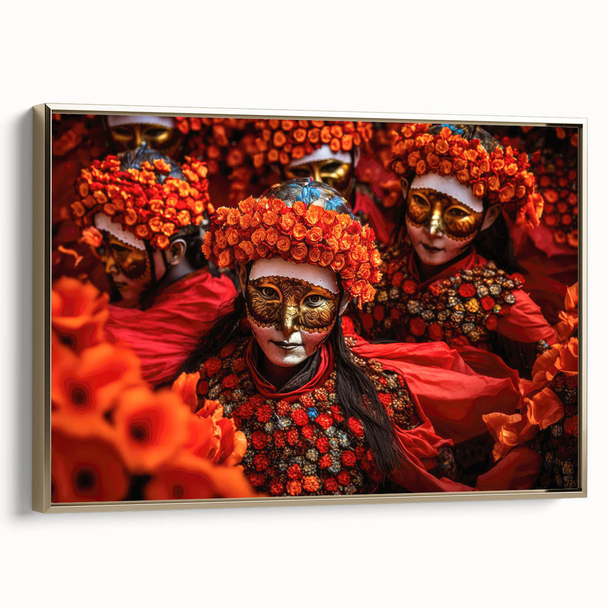 Framed canvas depicting a serene Bhutanese landscape in muted gold and black tones, ideal for bedroom wall art.