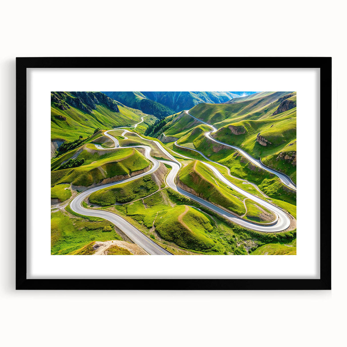 Abstract art print featuring vibrant, colorful textures, displayed in a black frame with mat, ideal for living room decor.