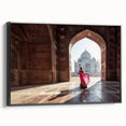 Black and white framed canvas featuring a vintage-style Indian landscape, ideal for bedroom wall art.