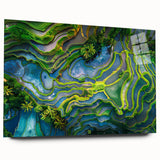 Large abstract wall art depicting a serene Indonesian landscape on acrylic glass, suitable for bedroom or dining room decor.