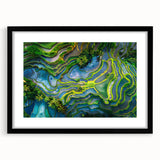 Extra large abstract art print of a colorful, textured Indonesian landscape on black framed canvas.