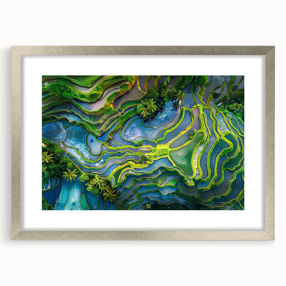 Textured art depicting an abstract Indonesian landscape in muted earth tones, framed in silver, ideal for bedroom art.