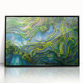 Large abstract wall art depicting an Asian landscape in muted earth tones on a framed acrylic.