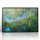 Large abstract wall art depicting an Asian landscape in muted earth tones on a framed acrylic.