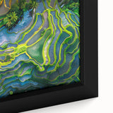 Extra large framed canvas depicting a textured, colorful Asian scenery in black, ideal for living room decor.
