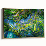 Framed canvas depicting a vintage-style Indonesian landscape in muted gold and black tones, suitable for bedroom wall art.