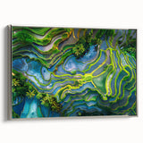 Landscape art painting of an Indonesian scenery in muted green and brown tones on a framed canvas.