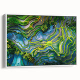 Vintage poster art of an Indonesian scenery on a framed canvas, featuring vibrant colors, ideal for living room decor.