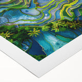 Art deco poster featuring a serene Indonesian landscape in muted earth tones on rolled canvas, ideal for dining room decor.