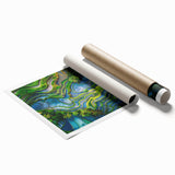 Extra large rolled print featuring a serene Indonesian landscape with lush florals in soft green and blue tones.