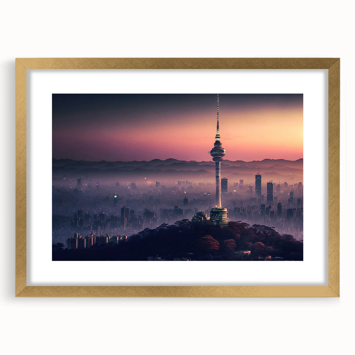 Extra large abstract art print depicting a textured scenery of Korea, in muted gold and earth tones, framed with a mat.