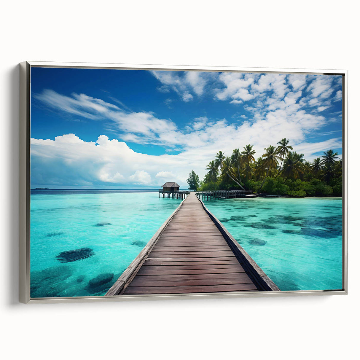 Landscape art painting of the Maldives on a framed canvas, featuring a colorful art palette with vintage poster style.
