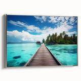 Landscape art painting of the Maldives on a framed canvas, featuring a colorful art palette with vintage poster style.