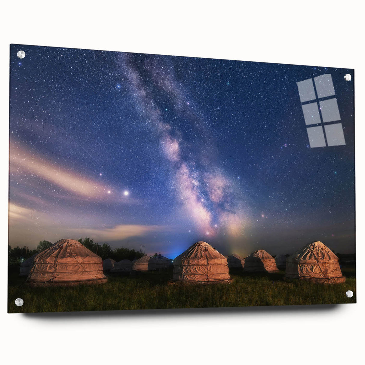 Large abstract wall art of a Mongolian landscape in muted earth tones on acrylic glass.