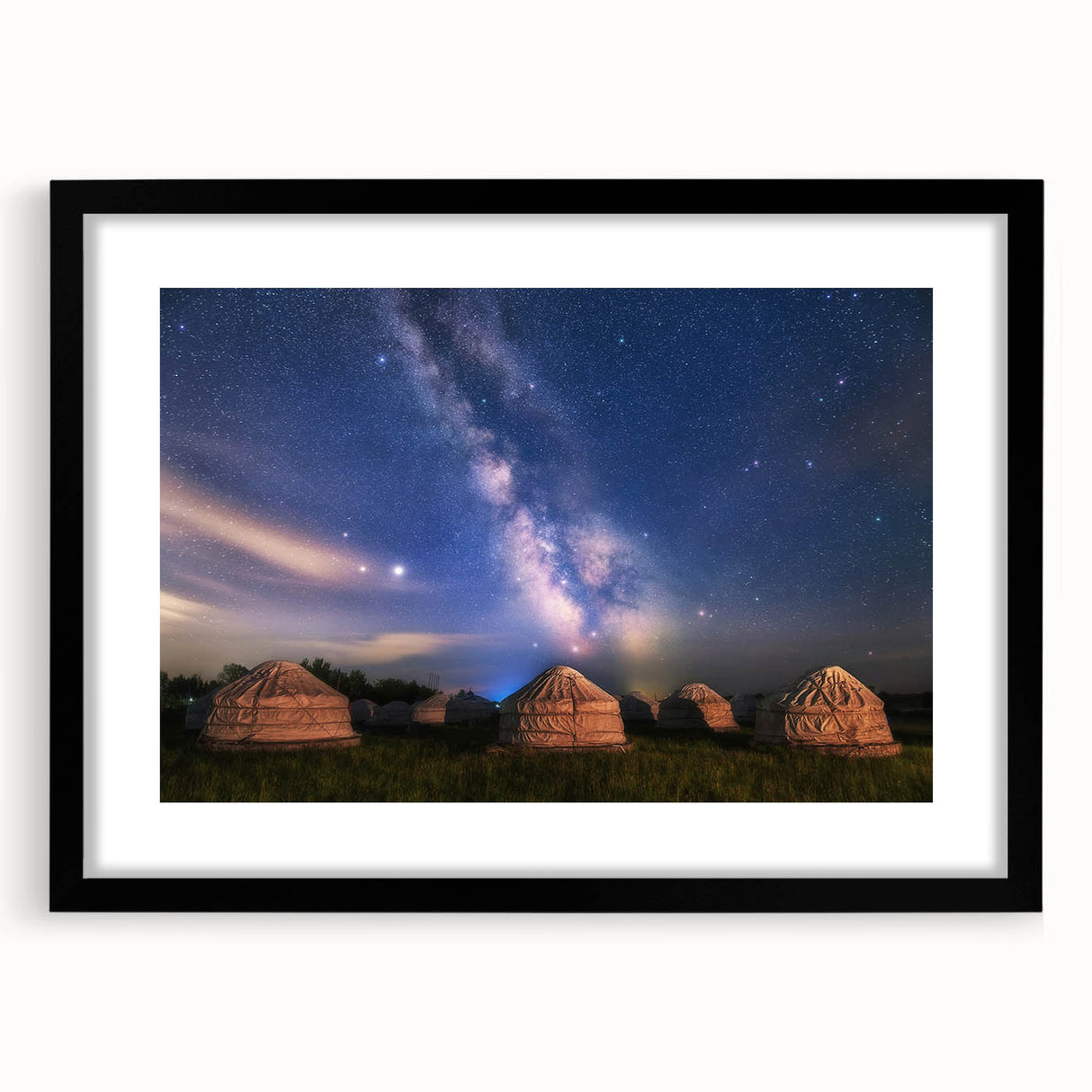 Extra large abstract art print depicting vibrant, colorful Mongolian scenery on a textured canvas, framed in black.