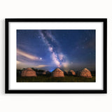 Extra large abstract art print depicting vibrant, colorful Mongolian scenery on a textured canvas, framed in black.
