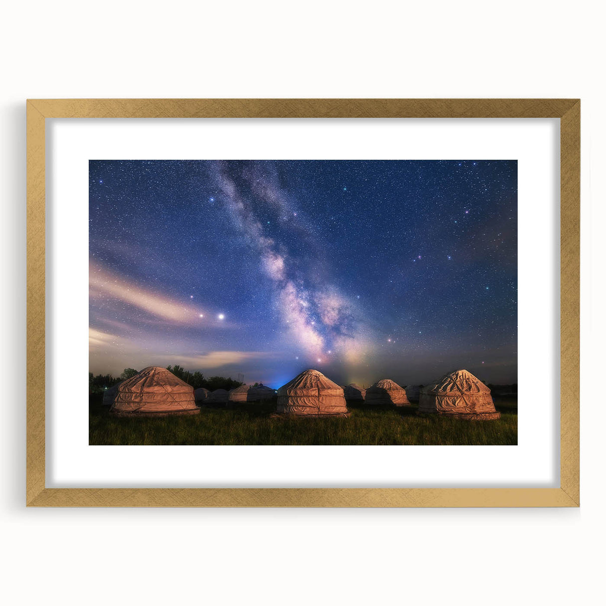 Extra large abstract art print of Mongolian scenery in textured style, with muted earth tones, framed in gold.