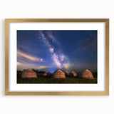 Extra large abstract art print of Mongolian scenery in textured style, with muted earth tones, framed in gold.