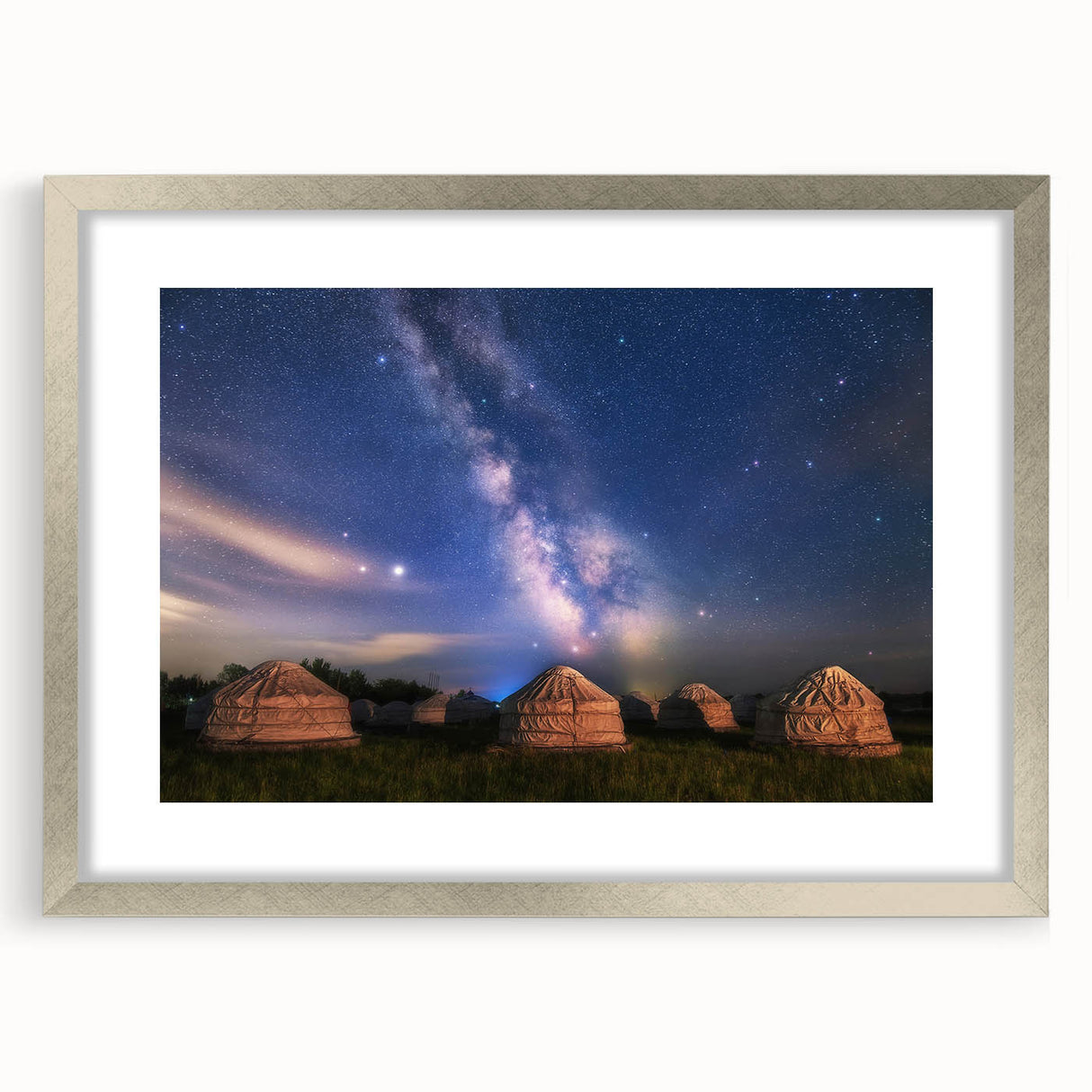 Textured art of a Mongolian landscape on a framed silver mat, featuring abstract earth tones, ideal for bedroom art.