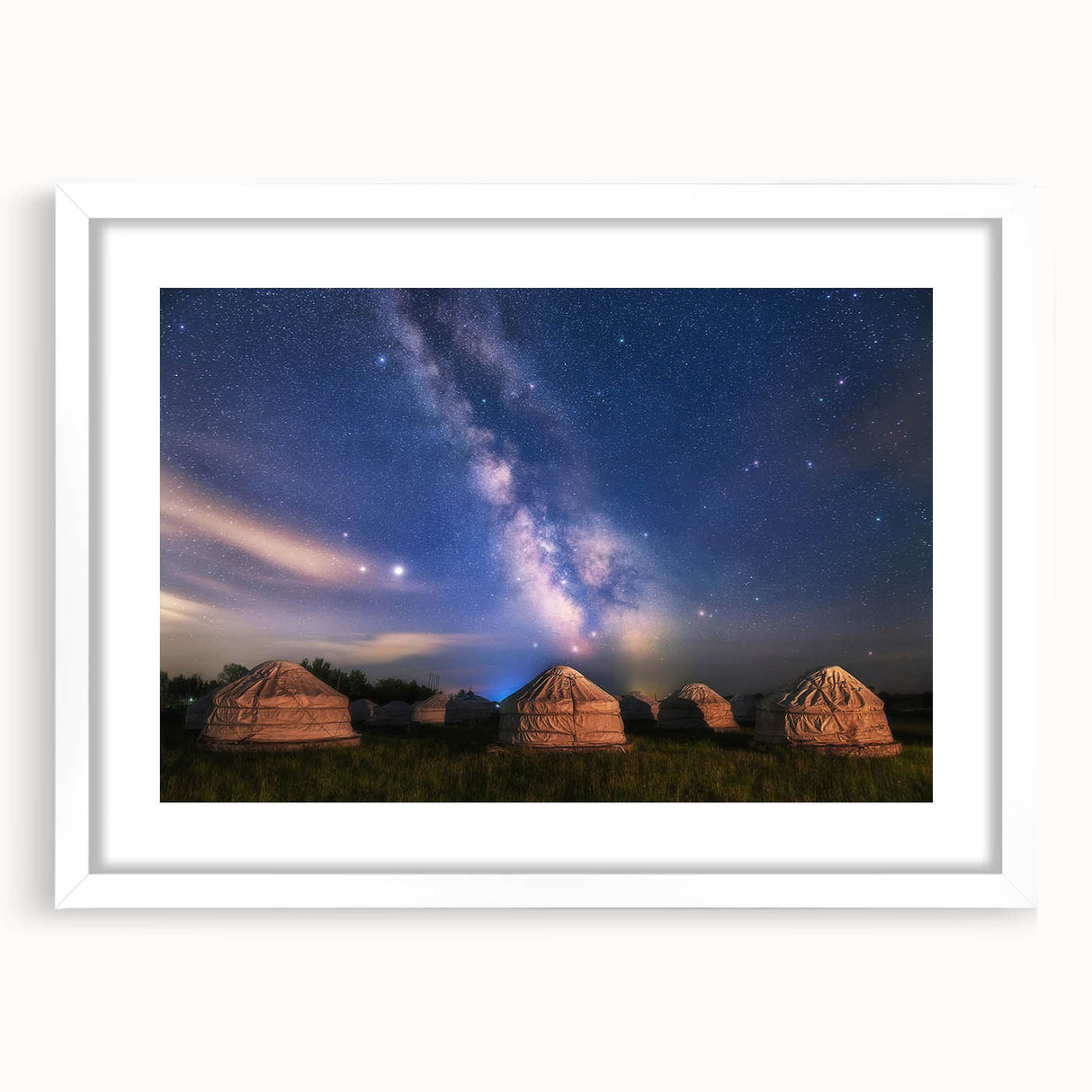 Abstract art print of a Mongolian landscape in muted earth tones on a framed white mat, suitable for dining room decor.