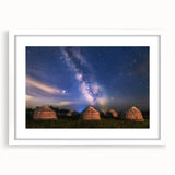Abstract art print of a Mongolian landscape in muted earth tones on a framed white mat, suitable for dining room decor.