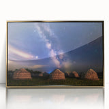 Large art print of a Mongolian landscape in muted earth tones, framed in gold acrylic, suitable for modern art wall decor.