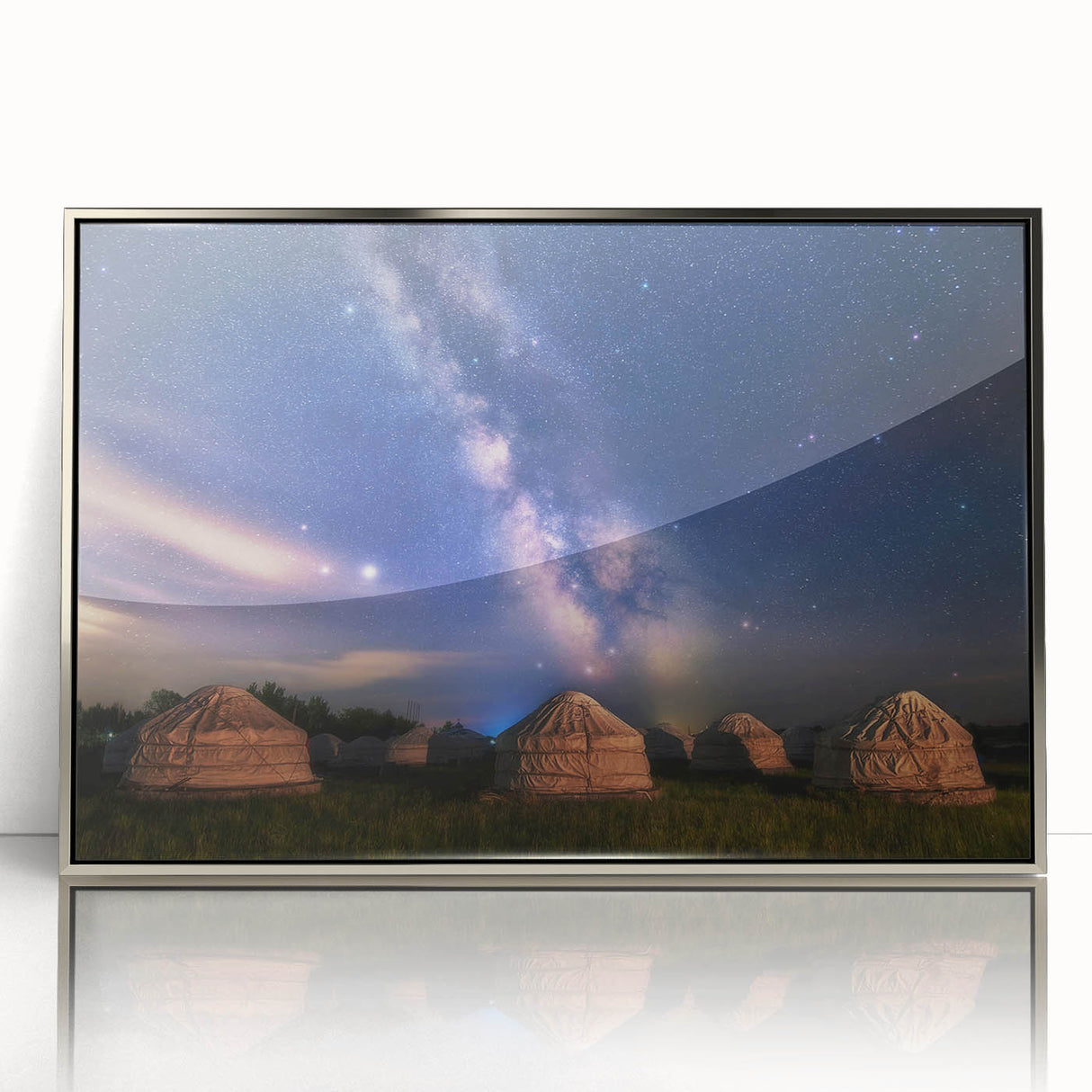 Mid-century modernist art depicting a Mongolian landscape in muted earth tones on a framed acrylic print.