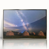 Mid-century modernist art depicting a Mongolian landscape in muted earth tones on a framed acrylic print.