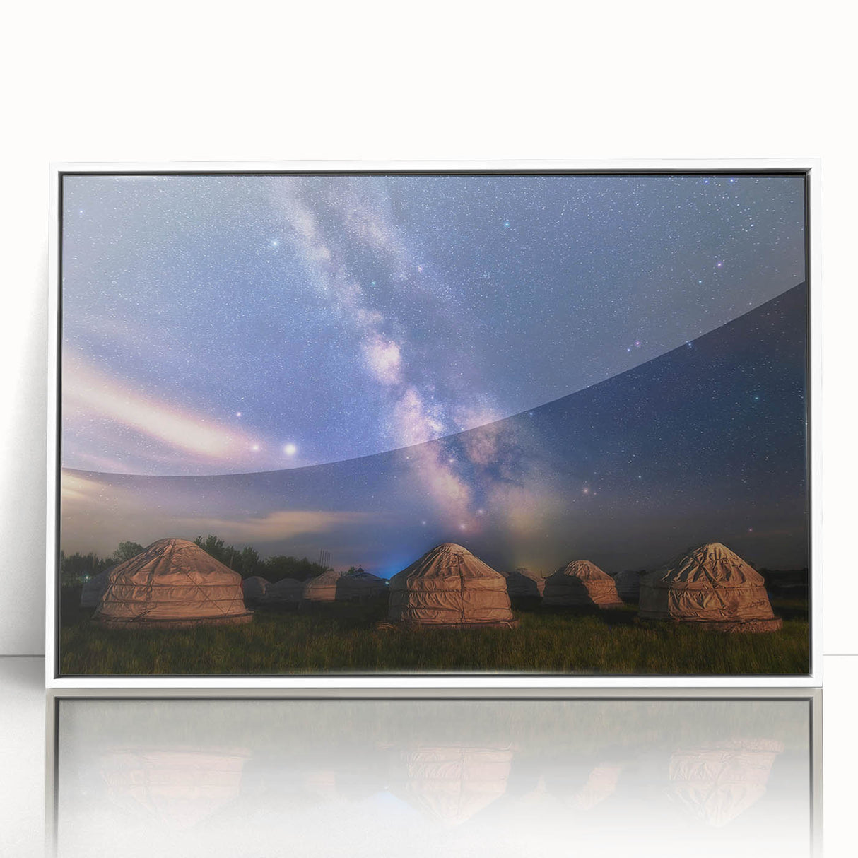 Acrylic print of a Mongolian landscape in muted earth tones, framed in white, suitable for modern art wall decor.