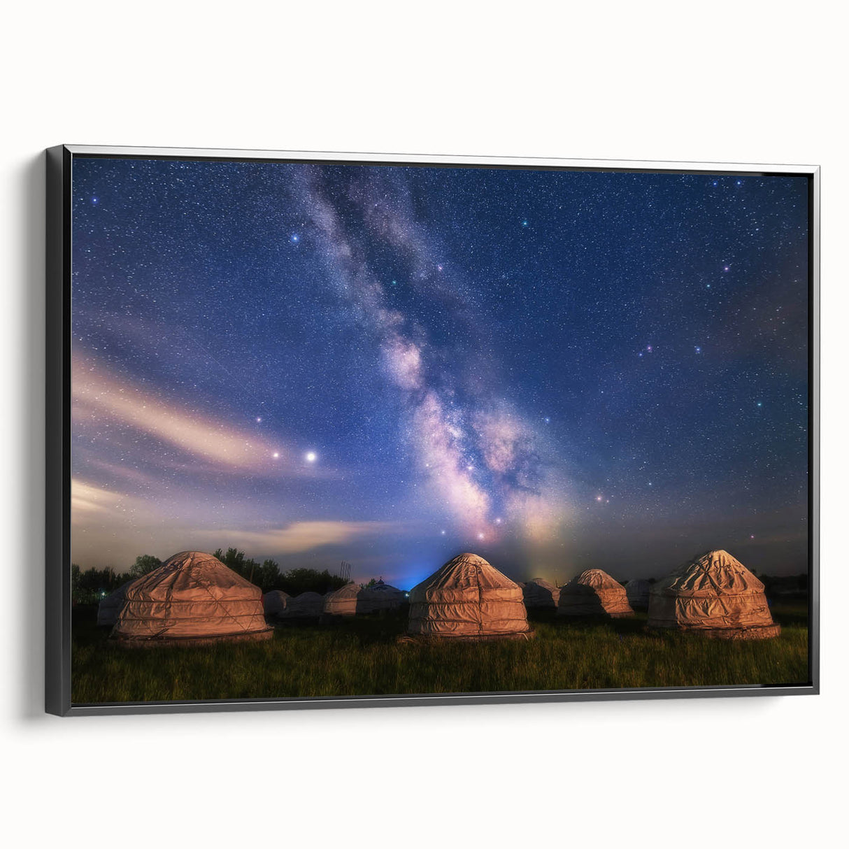 Black and white landscape art painting of a Mongolian scenery on framed canvas, suitable for bedroom wall decor.