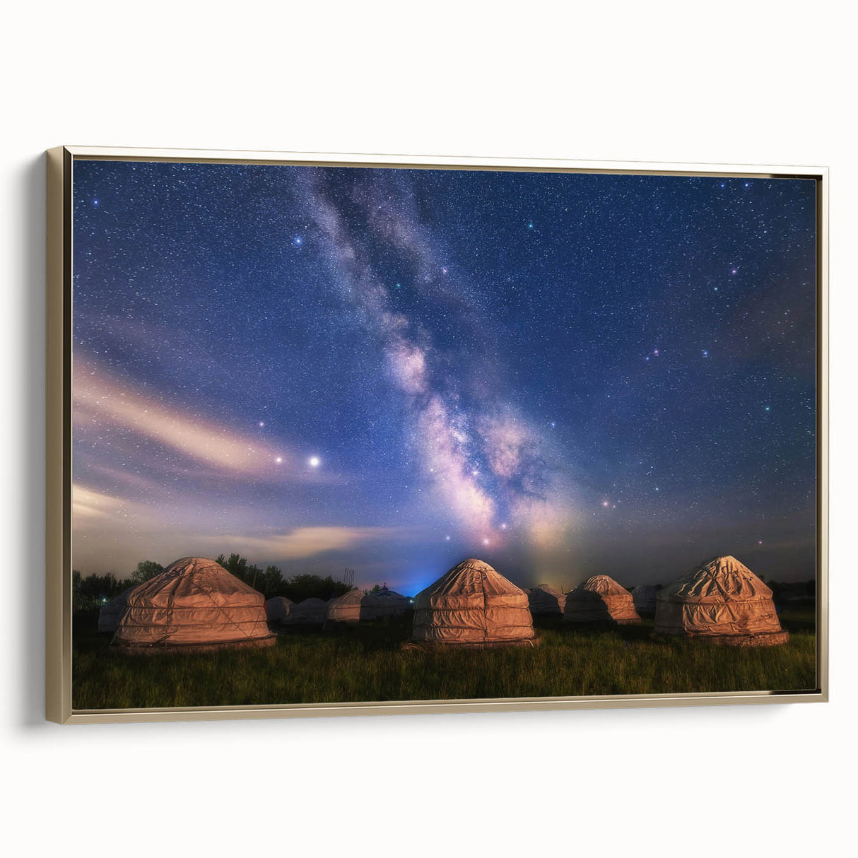 Framed canvas depicting a vintage-style Mongolian landscape in muted gold and black tones, ideal for bedroom wall art.