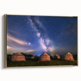 Framed canvas depicting a vintage-style Mongolian landscape in muted gold and black tones, ideal for bedroom wall art.