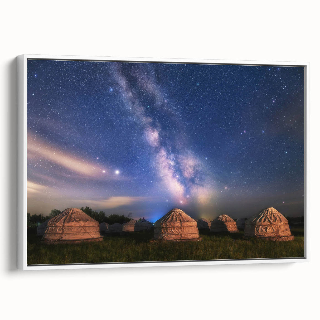 Framed canvas depicting a vintage poster art of a Mongolian landscape in colorful hues, ideal for living room decor.