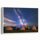 Framed canvas depicting a vintage poster art of a Mongolian landscape in colorful hues, ideal for living room decor.